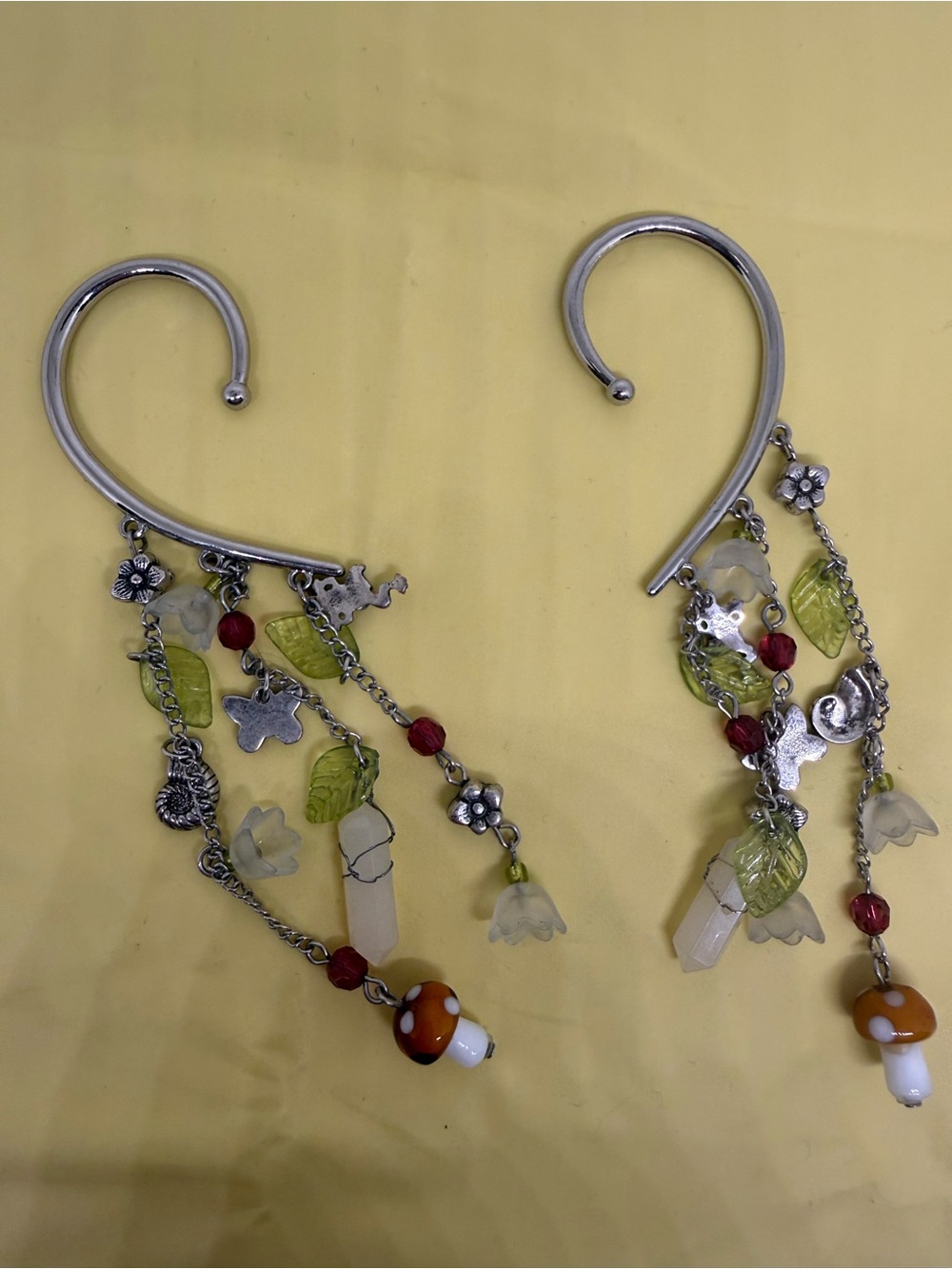 Bohemian Green Leaf and Mushroom Dangle Ear Cuff Earrings - Unbranded